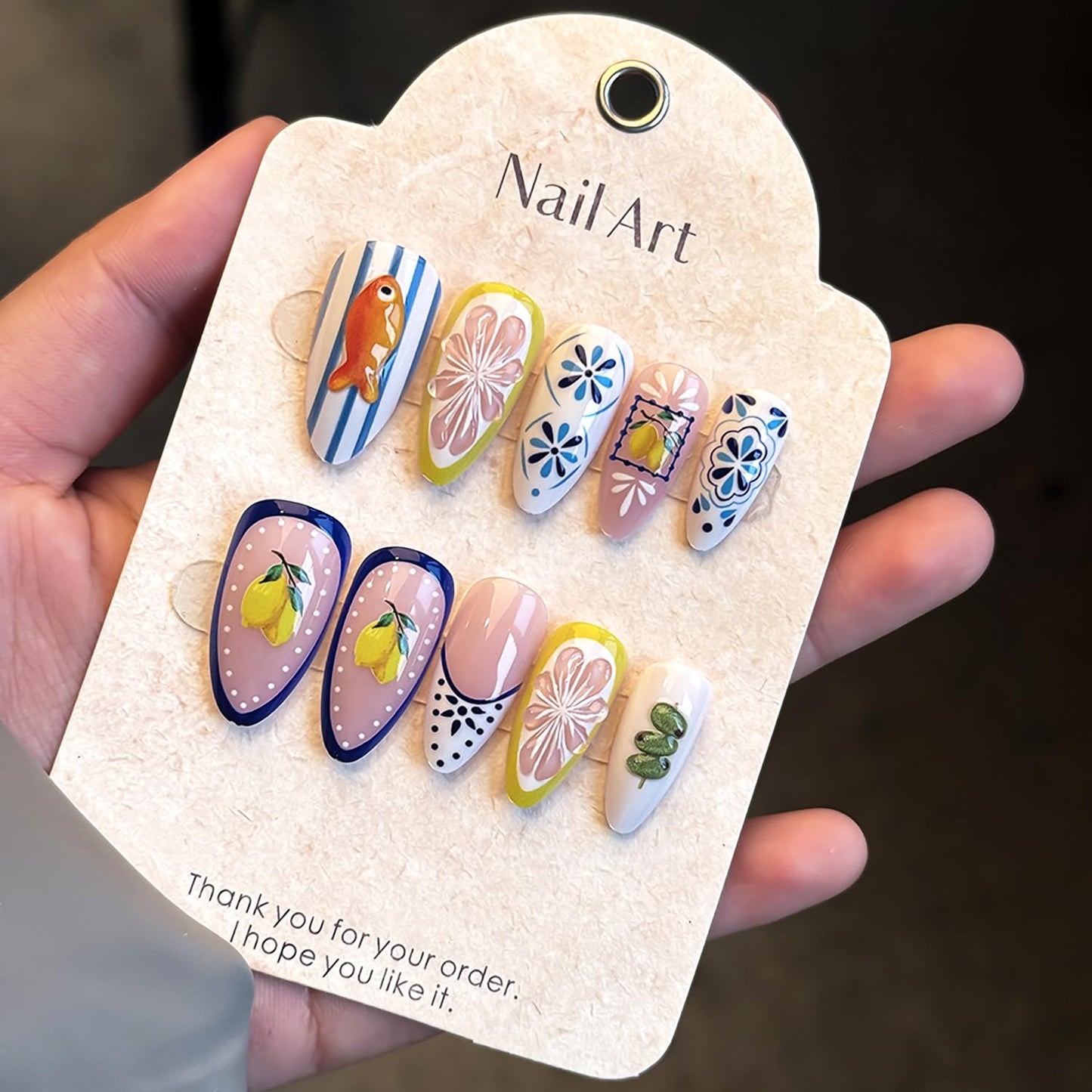 Press On Nails - 24Pcs Medium Almond 3D Cute Fish & Lemon Design | Reusable French Tip Acrylic Full Cover