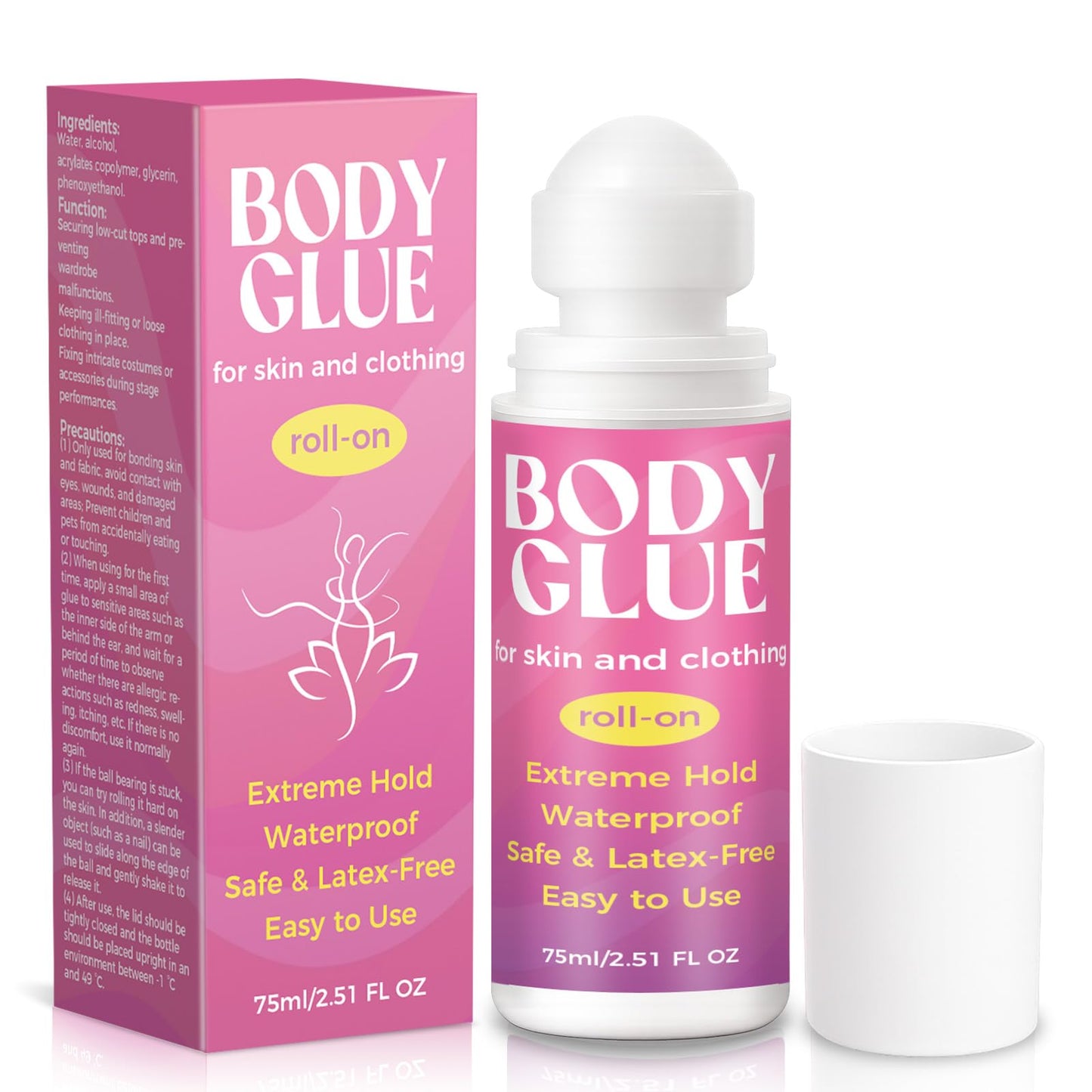 Body Glue for Clothes & Skin 2.54 Oz, Strong Body Adhesive Roll-On, Sweat Resistant & Water Washable, Professional Fashion Glue for Dancers, Butt Glue for Leotards, Wigs, Socks, Bras & Cosplay (75ml)
