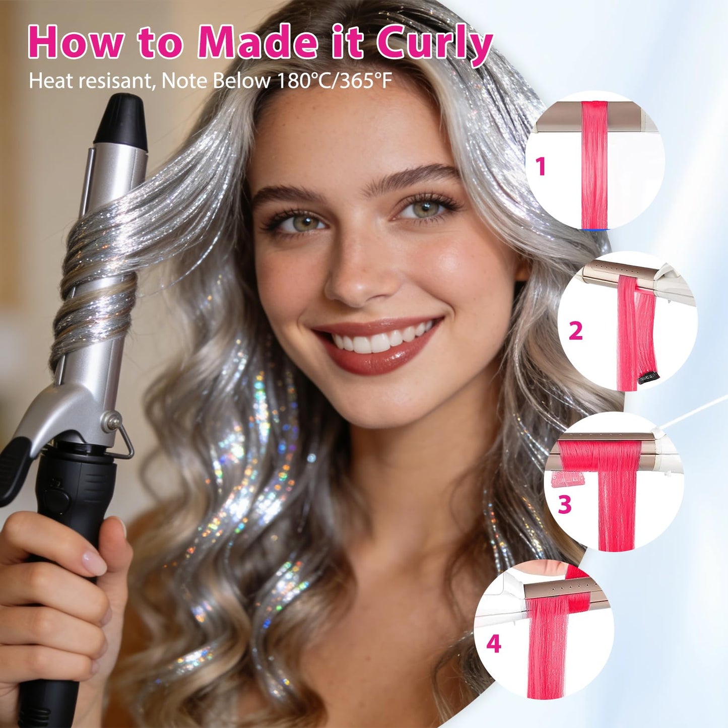 12 Pcs 20 Inch Clip in Hair Tinsel Kit, Silver Glitter Fairy Hair Extensions, Festival Party Hair Accessories for Women Girls Concert Cosplay Birthday