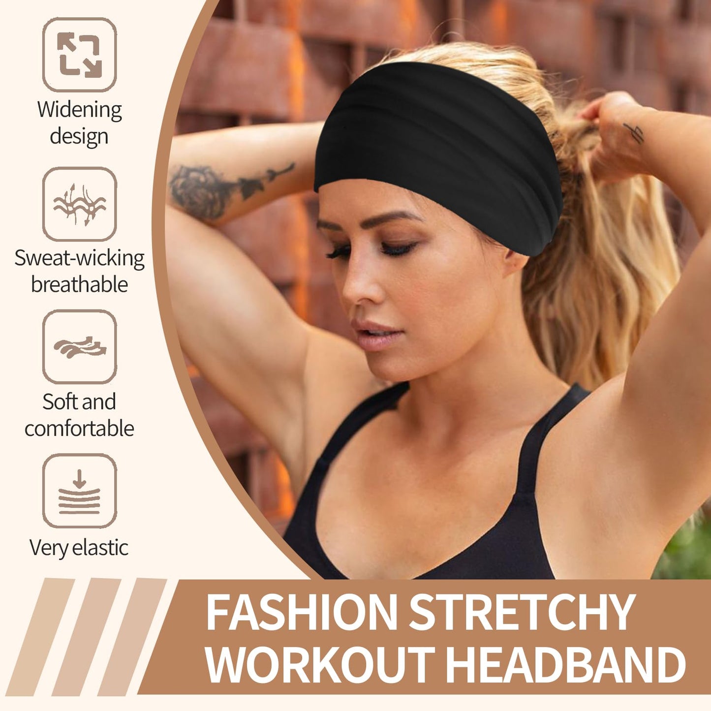 KU Wide Headbands for Women Non Slip 6 Pack Soft Elastic Hair Bands Sports Yoga Running Gym Workout Knotted Head Wraps, Cotton Cloth African Turbans Solid Color-With 6 Pcs Hair Ties