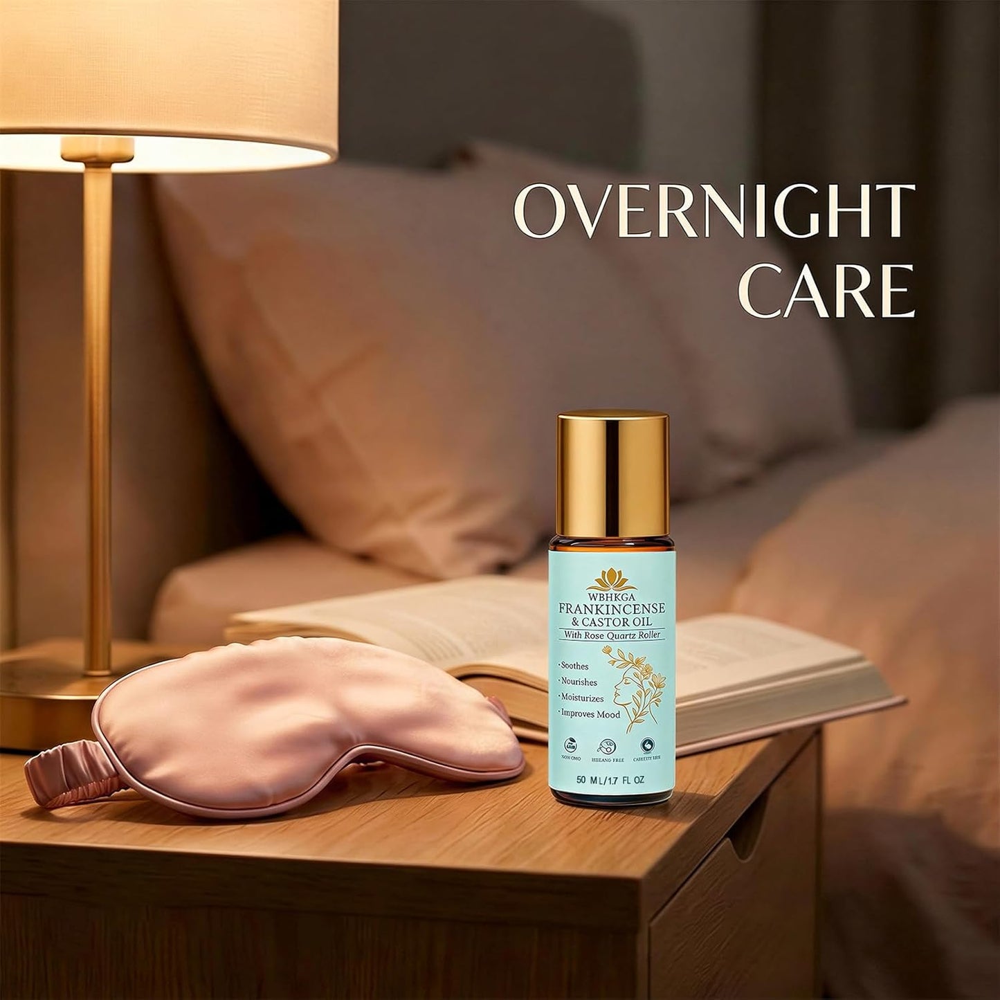 Real Rose Quartz Eye Roller - Castor Oil & Frankincense Serum for Dark Circles, Fine Lines | 50ml / 1.7 fl. oz.