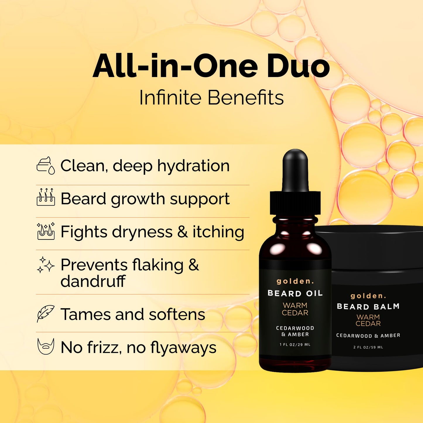 Golden Grooming Beard Bundle for Black Men - Natural Growth Kit with 2oz Balm & 1oz Oil - Shea Butter Conditioner - Warm Cedar (Regular)