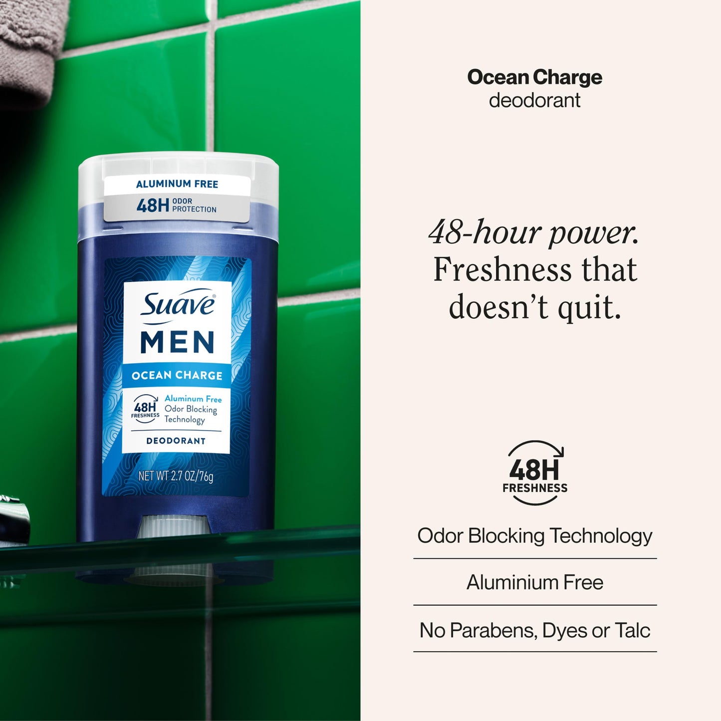 Suave Men Ocean Charge Antiperspirant Deodorant Stick, Aluminum Free, for 48hr odor & wetness protection, 2.7 oz, 12 pack