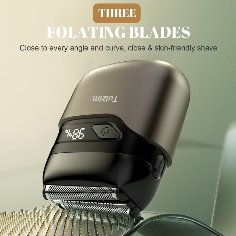 Tulzim Electric Foil Shaver for Men: Cordless Electric Razor for Face & Beard - 3 Floating Blades, 100-Min Runtime, USB-C Fast Charge, IPX7 Waterproof for Travel,Matte Brown