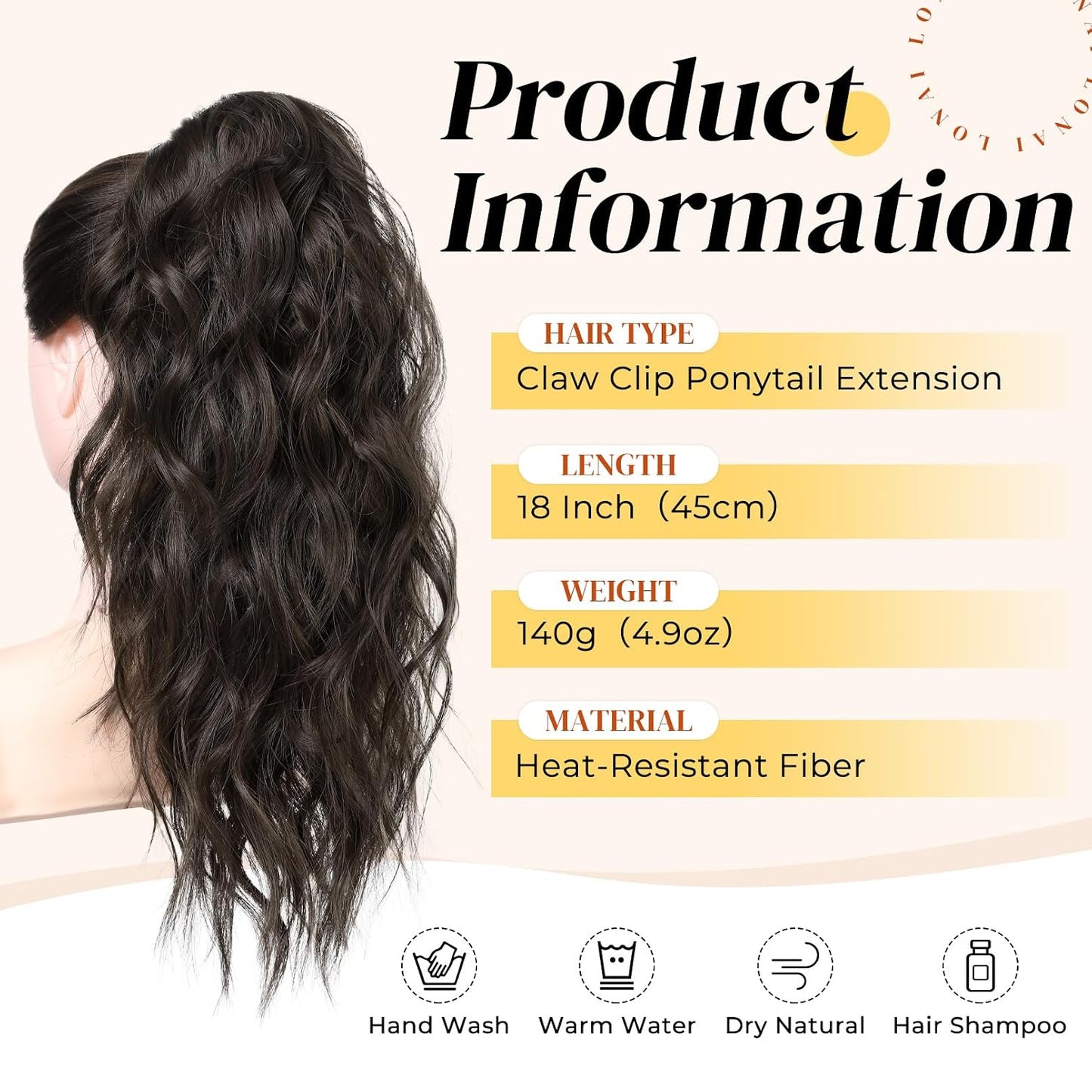 Ponytail Extension - 18" Wavy Claw Clip Hairpiece | Synthetic Curly Ponytail - Black Brown