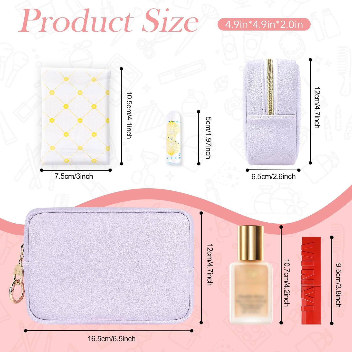 Playexen Small Makeup Bag for Purse, Multi Pockets Cosmetic Bag, PU-Beige