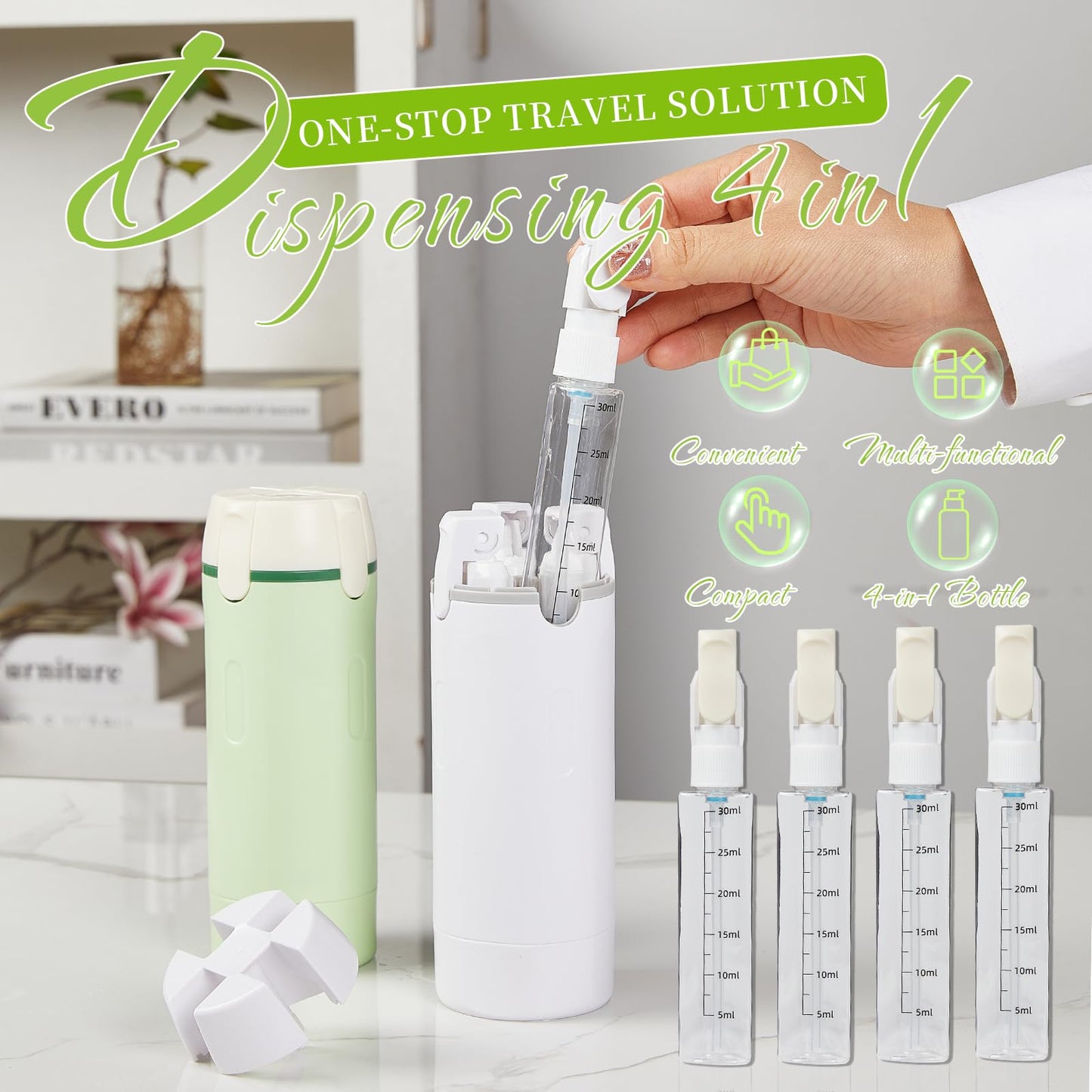 4 in 1 Travel Dispenser Bottle Refillable Leak-Leak Proof and Portable for Shampoo, Conditioner, Shower Gel & Toiletries Perfect for Vacation, Camping & Gym. (White)