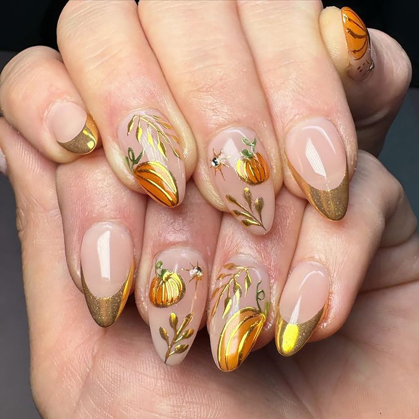 French Tip Press-On Nails - 24 Pcs Medium Almond with 3D Flower & Gold Rhinestones | Full Cover Nude Artificial Nails