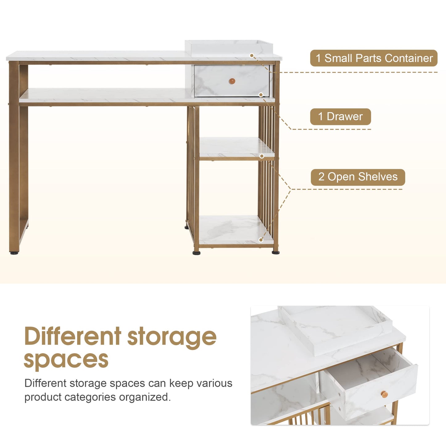 BarberPub Nail Table with Storage Marbling Texture Manicure Desk with Drawer Home Salon Beauty Equipment, 43"(L) x 17.7''(W) x 31.7"(H) 2408 (White)