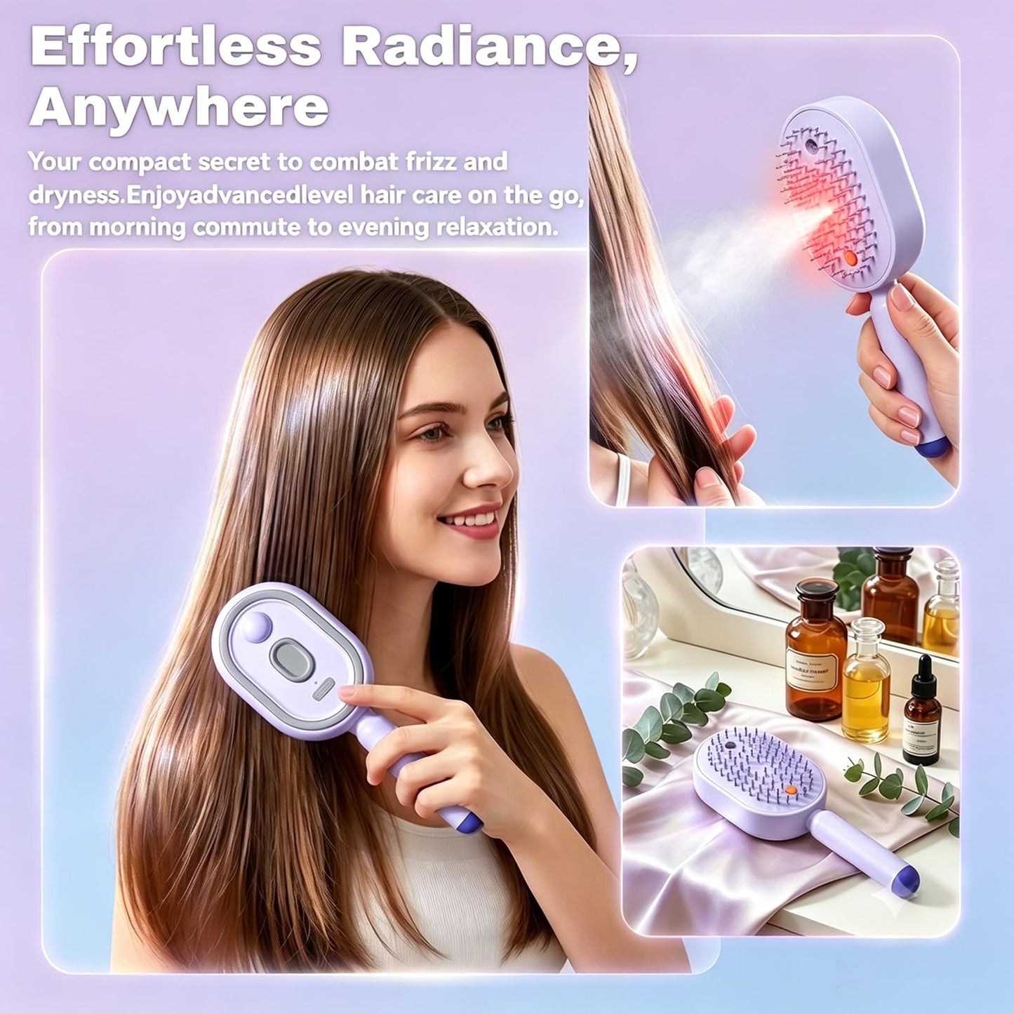 All-in-One Electric Spray Air Cushion Brush, Self-Clean Electric Steam Massage Comb with Built-in Mist Mister, Detangles Frizzy Curly Hair, Anti-Tangle for Smooth & Voluminous Hair (Blue)