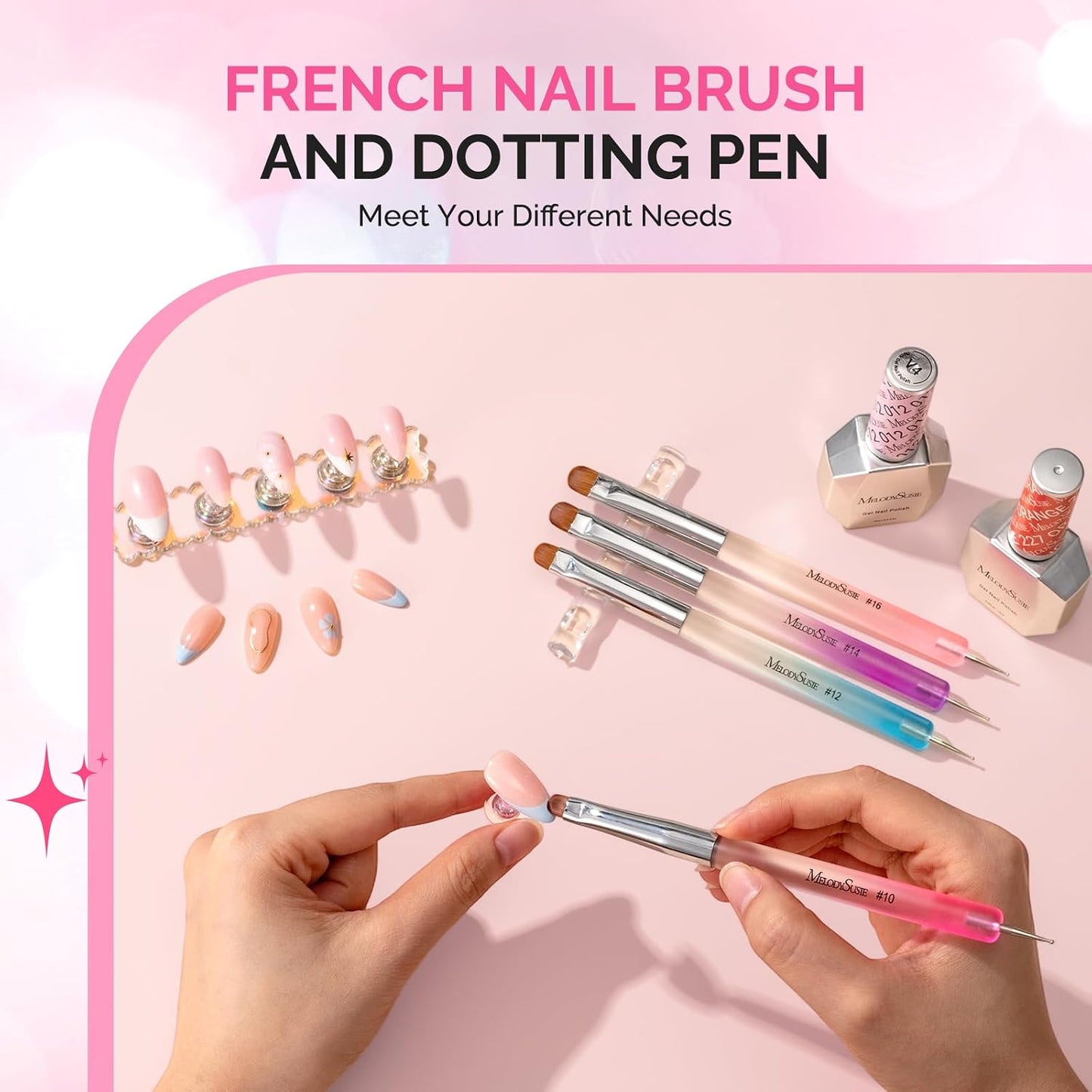Dual-Ended French Nail Brush & Dotting Pen Set - Nail Art Tool with Holder | Blue, Size #12