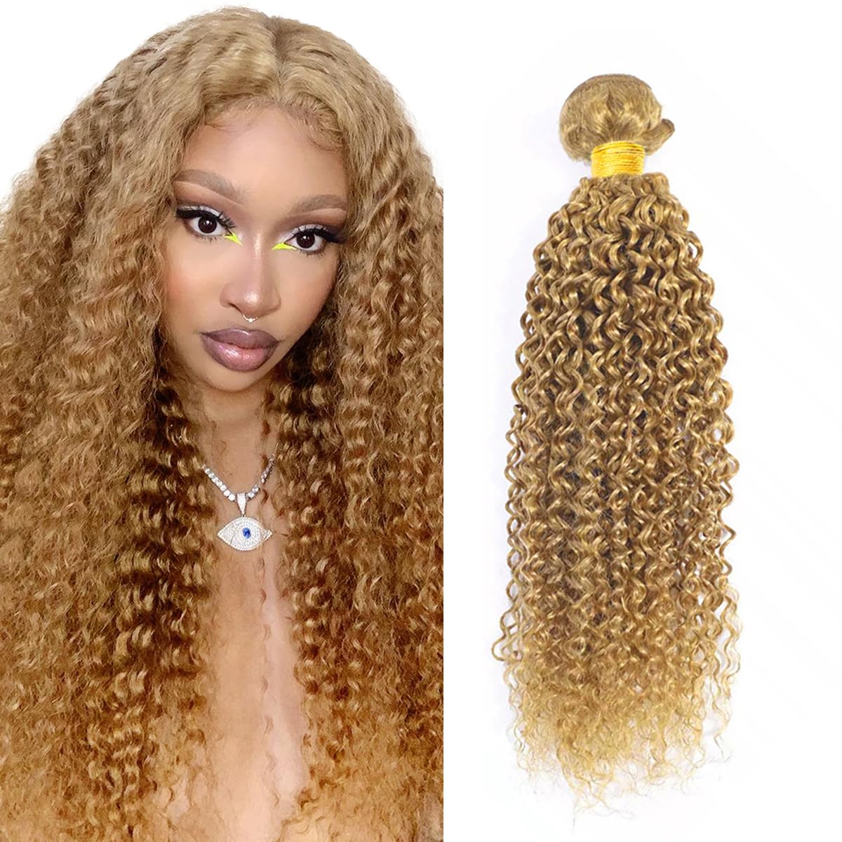 Honey Blonde Bundles Human Hair 27 Kinky Curly 1 Bundles 30 inch Unprocessed Virgin 27 Honey Blonde Bundle Human Hair Extensions AuokMar