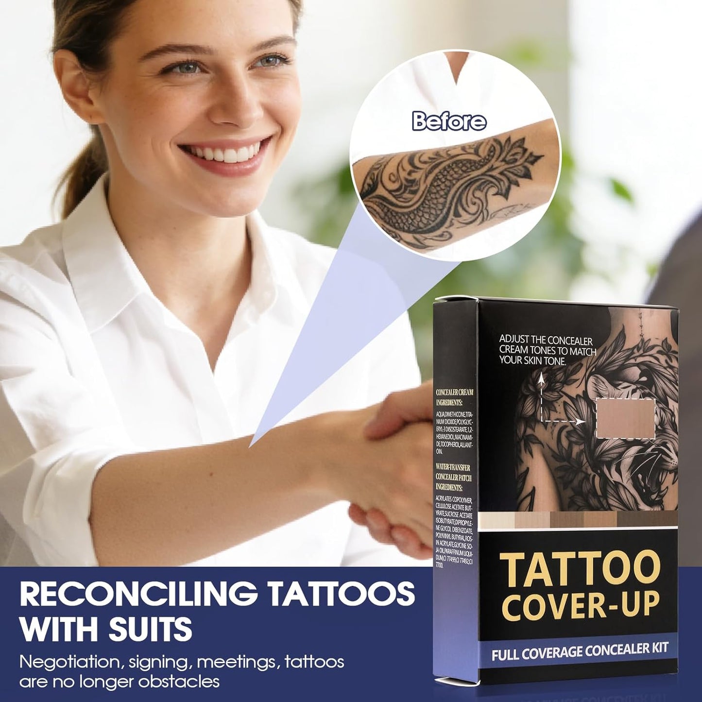 Tattoo Cover Up Makeup - Waterproof Cream for Body & Face | Blendable Light & Dark Shades with Sponges & Mixing Tool