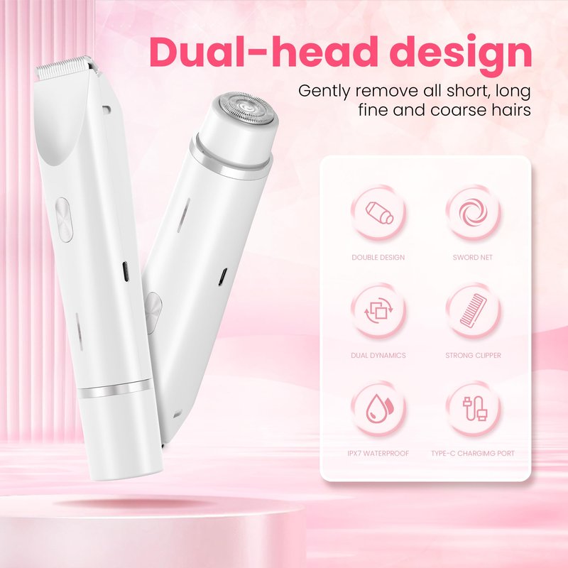 YZDJQX Bikini Trimmer for Women-2 in 1 Dual Head Electric Razors,IPX7 Waterproof Bikini Electric Shaver,Dry & Wet Use Painless Bikini Shaver,Pubic Hair Trimmer for Private Area & Body Hair,White