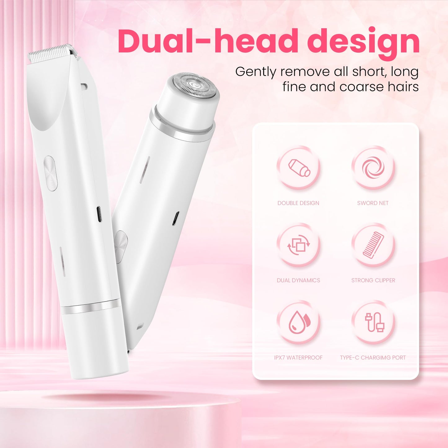 Bikini Trimmer for Women-2 in 1 Dual Head Electric Razors,USB Rechargeable Bikini Electric Shaver,IPX7 Waterproof Dry & Wet Use Body Hair Trimmer and Facial Hair Remover for Underarm Leg Body,White