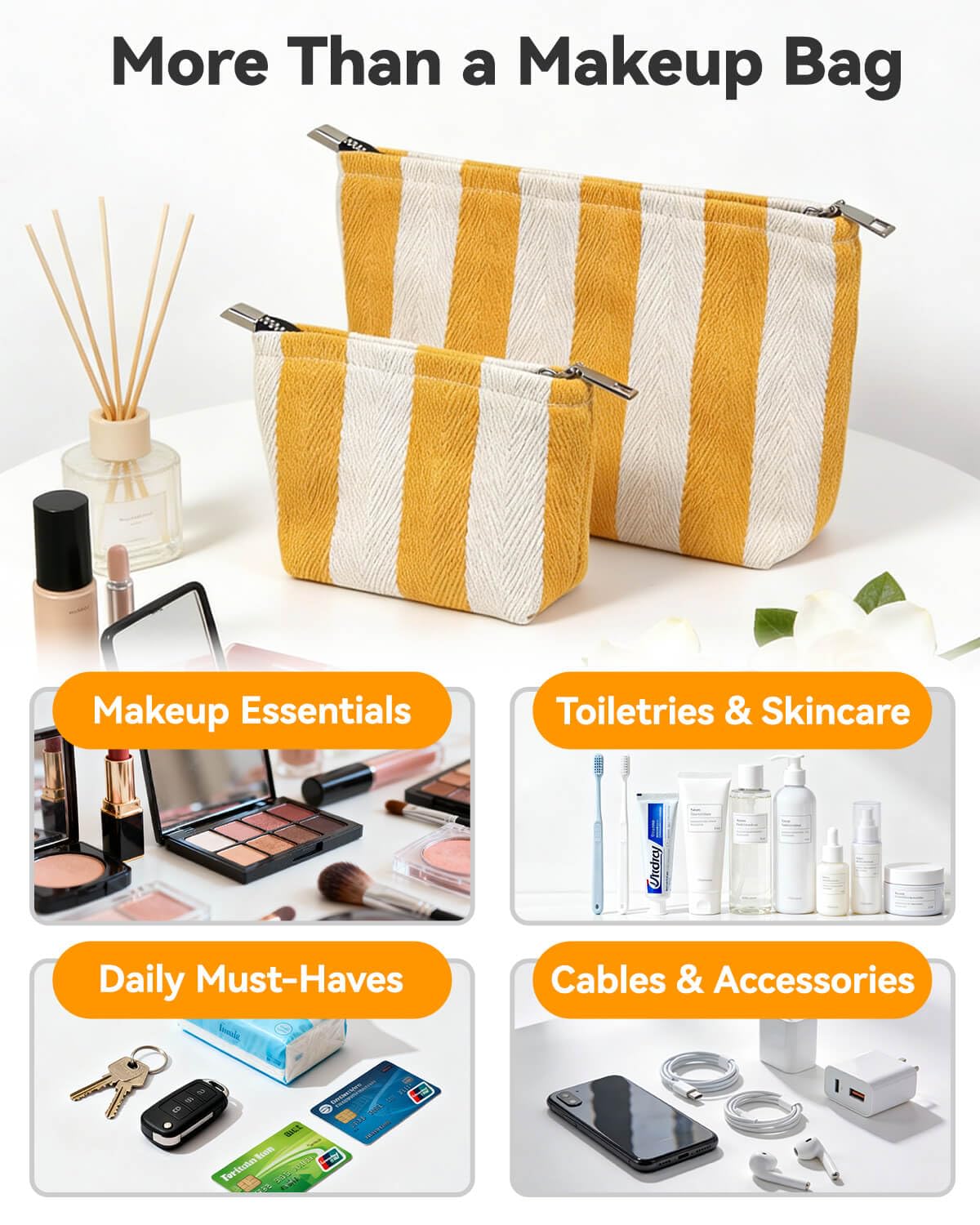 2 Pcs Makeup Bag Set, Women Gifts, Travel Cosmetic Bags, Canvas Make up Bag for Purse, Yellow Striped Makeup Pouch with Zipper Lining, Cosmetic Storage Car Organizer, Portable Large & Small Toiletry