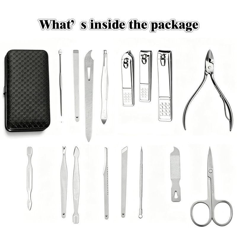 16 Piece Nail Clipper Set, Premium Manicure Pedicure Kit with Travel Case, Stainless Steel Grooming Care Tools for Men & Women, Fingernail & Toenail Clippers for Hand, Foot & Facial Care (Black)