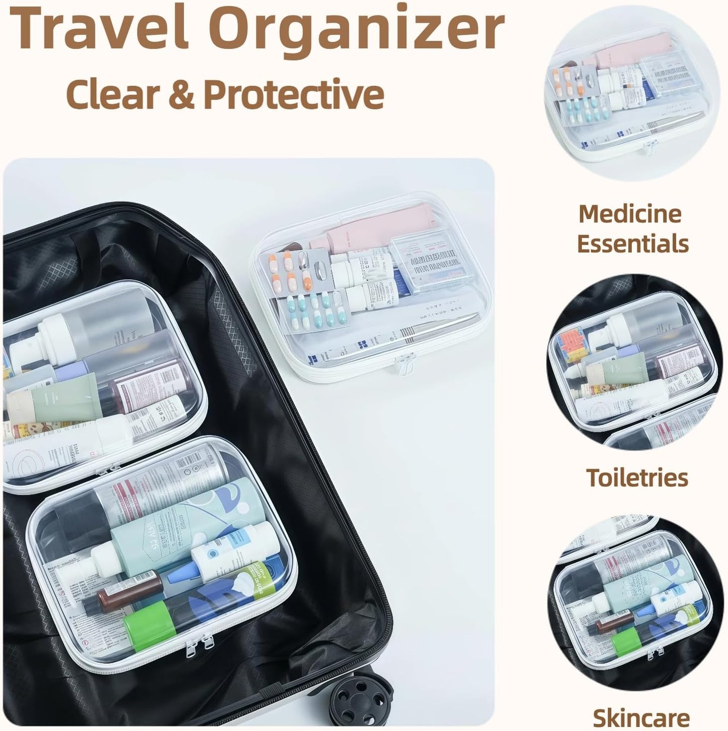 Clear Hard Shell Zipper Pouches - 3-Pack Medium Storage Bags for Purse, Diaper Bag & Travel Essentials | Durable Design