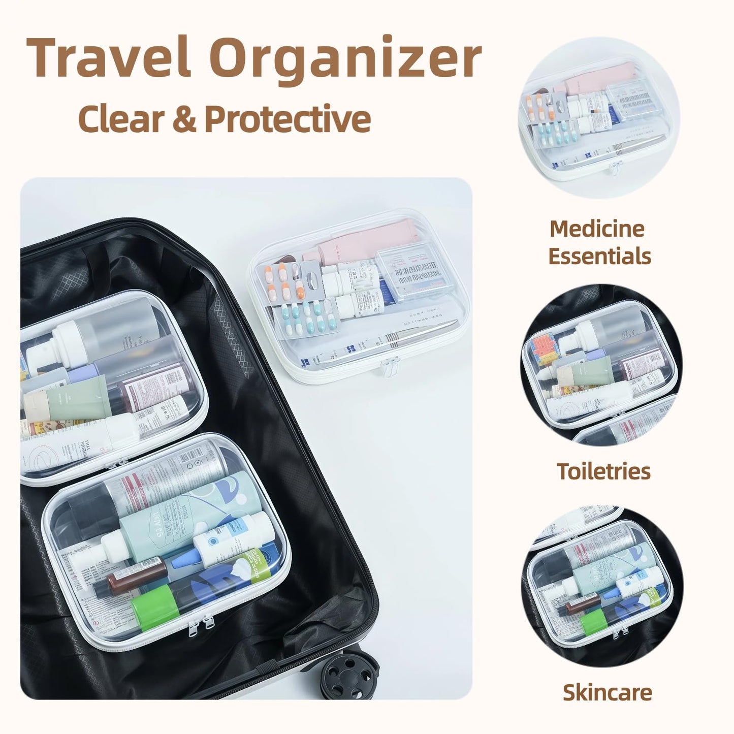 WELPIRT 3-Pack Medium Clear Hard Shell Zipper Pouches, Clear Zipper Bags, Hard Case Pouches for Purse & Diaper Bag Organizer,and Travel Essentials (3M