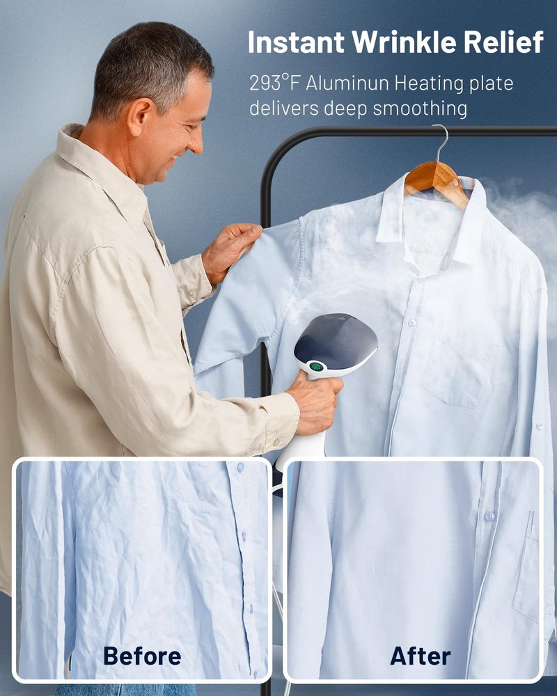 BEAUTURAL Steamer for Clothes, Portable Handheld Garment Fabric Wrinkles Remover, Aluminun Heating Plate, 35-Second Fast Heat-up, Large Detachable Water Tank (Only for 120V), Blue