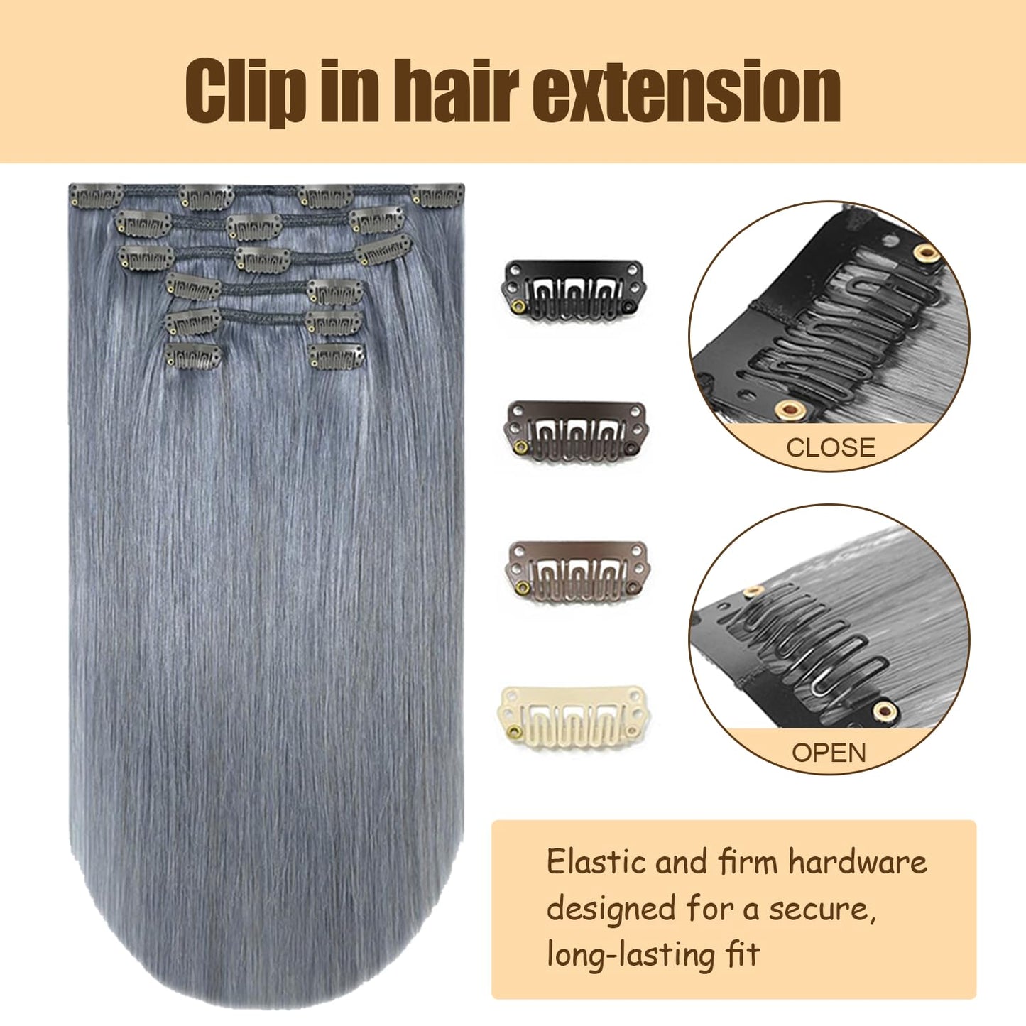 Grey Clip in Hair Extensions Real Human Hair, 14 Inch 120g/7Pcs,Full Shine Remy Human Hair,Gray Straight Clip ins Brazilian Virgin Human Hair Extensions