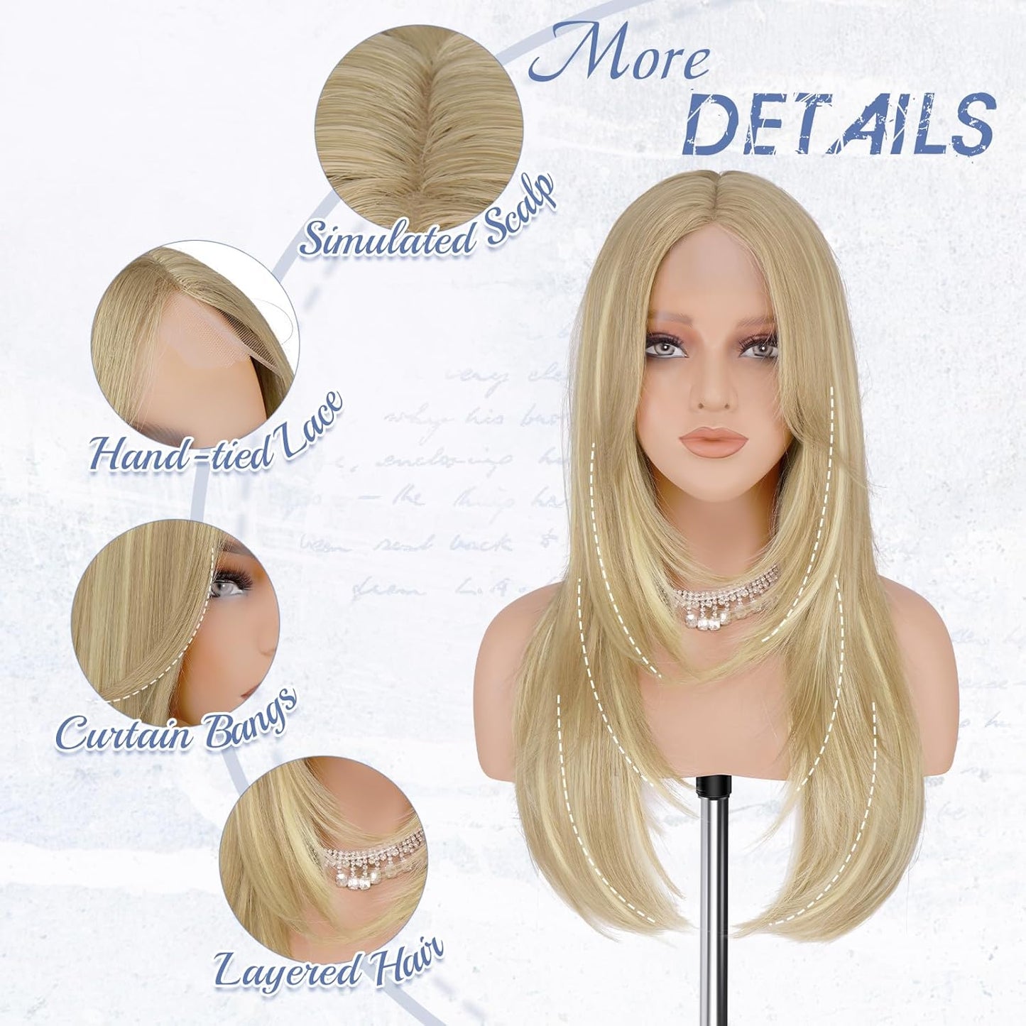 Blonde Wig with Curtain Bangs - Lace Front Synthetic Hair, 24 Inch Dirty Blonde | Natural Looking, Long Layered Style