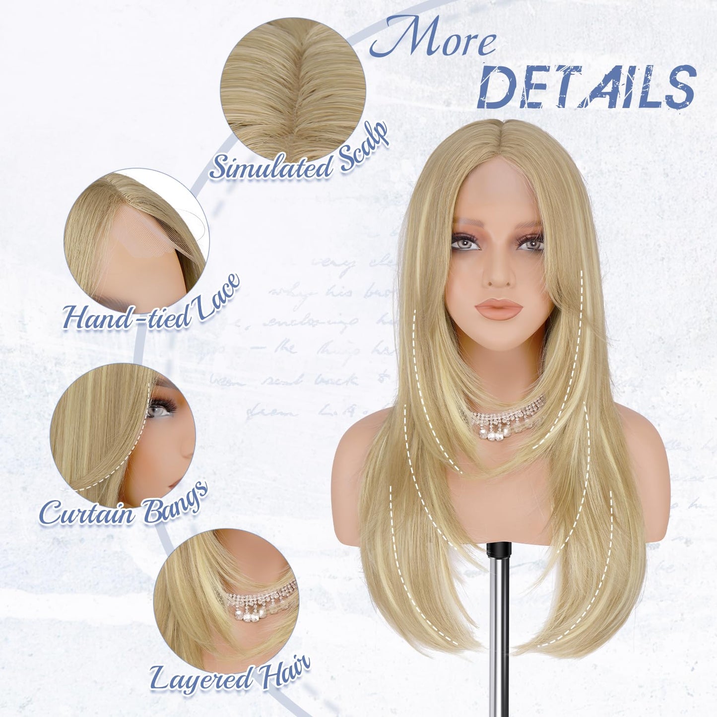 Haloo Blonde Wig with Curtain Bangs - Lace Front Hairline Middle Part Long Layered Natural Looking Straight Synthetic Hair Wigs for Women Daily Party, 24 Inch Dirty Blonde