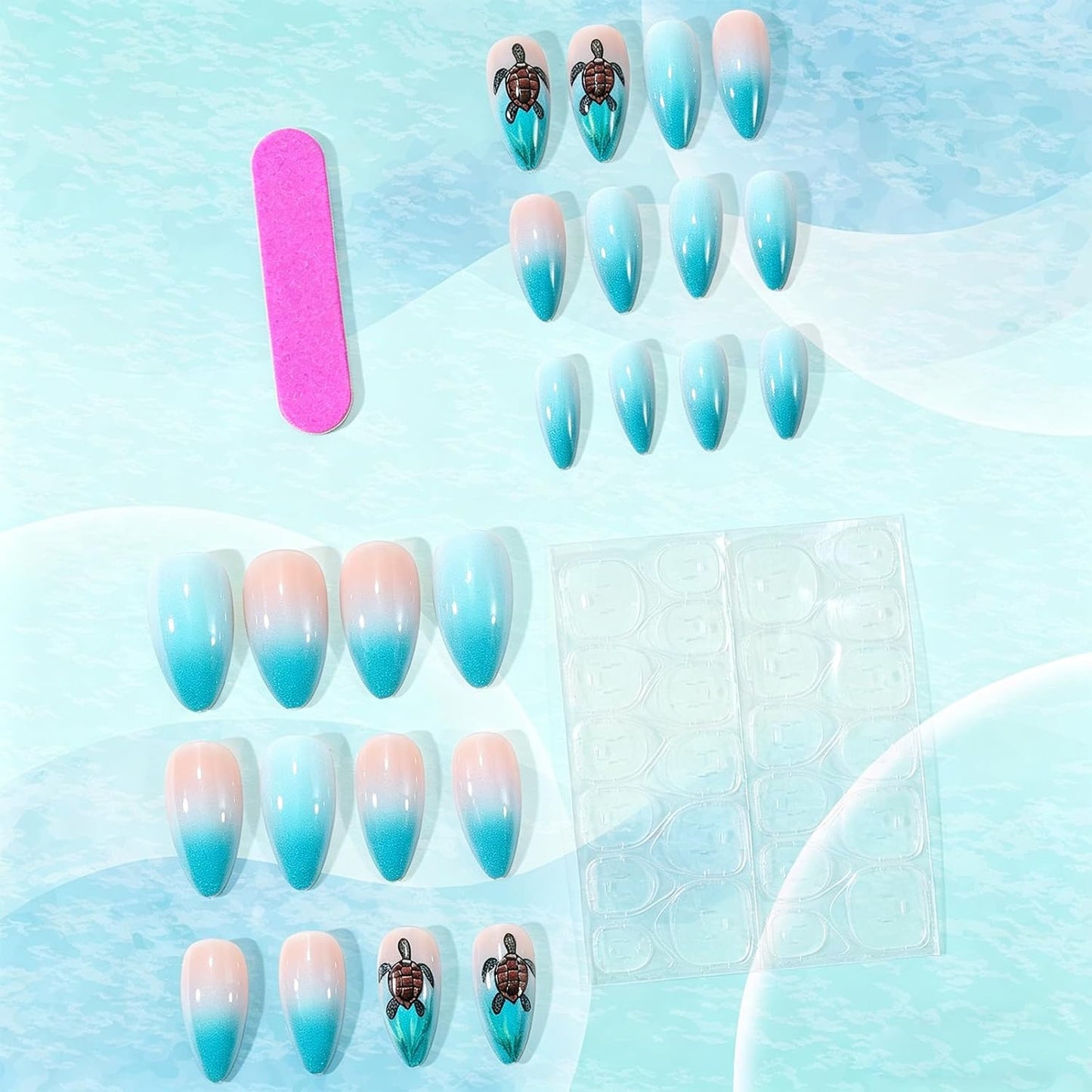 Press On Nails - Medium Almond Gradient Green Ocean | Glossy Acrylic Turtle Design - 24 Reusable Stick-On Nails