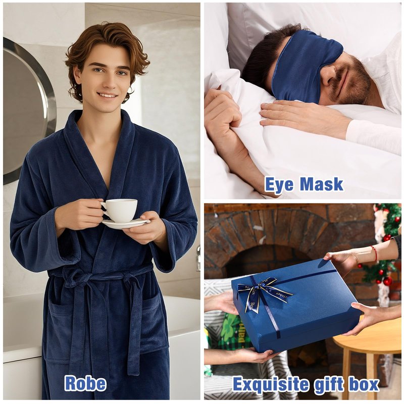 Nuogo 15 Pcs Birthday Gifts for Men Beard Care Set for Him Dad Birthday Gifts Basket Ideas Kit for Men Tumbler Bath Robe for Father's Day Dad Husband Boyfriend Box(Unhooded,Navy)