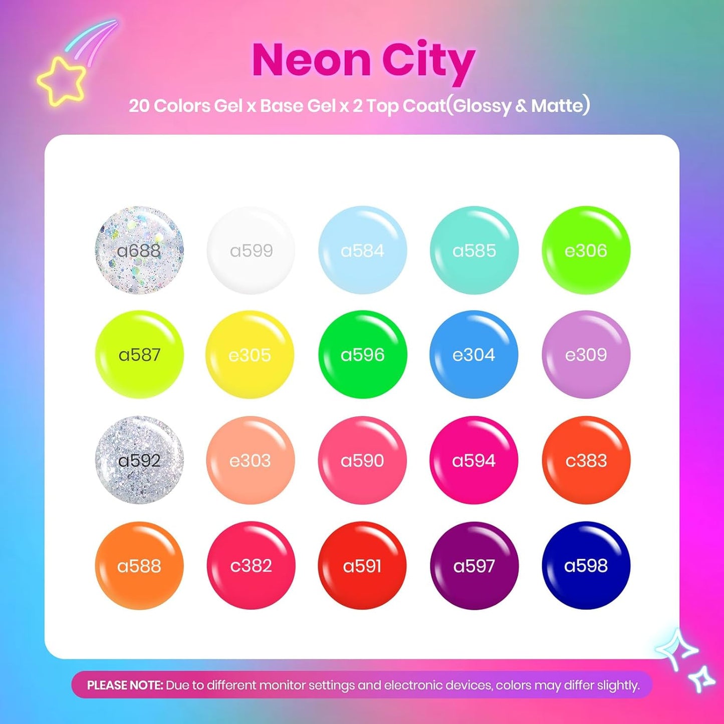 Beetles Neon Gel Nail Polish Set - 20 Vibrant Summer Colors | Includes Base & Top Coat, Soak Off UV Manicure Gift for Women