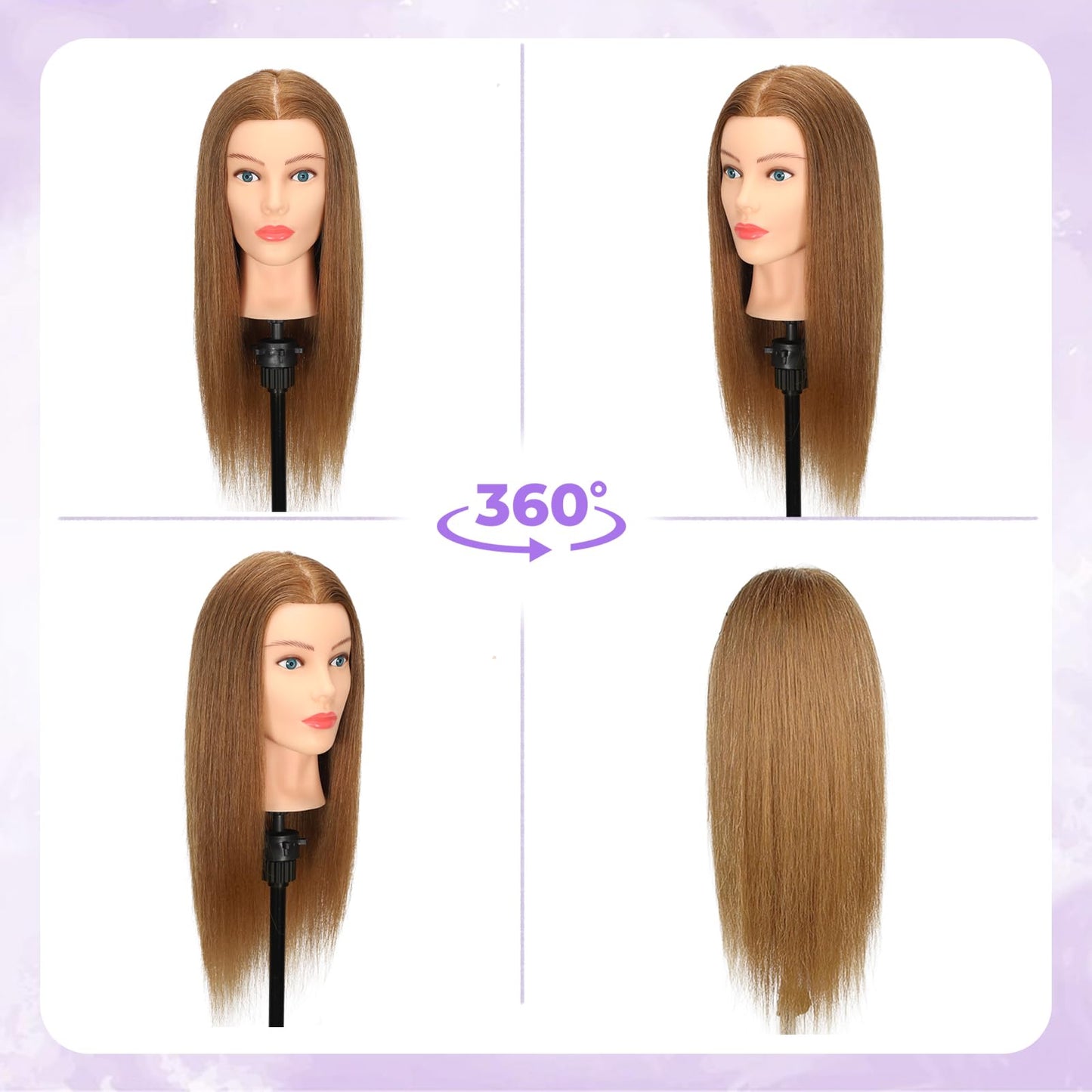 Mannequin Head Human Hair - Cosmetology Manikin Doll Head with 100% Real Hair for Hairdresser Practice Styling Braiding & Free Clamp Holder (Light Brown)