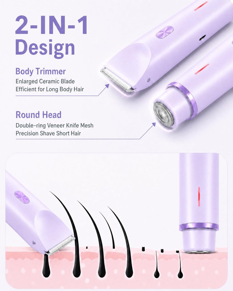 AIOOTISU Painless Bikini Trimmer for Women - 2-in-1 Electric Shaver for Sensitive Skin, No Nick No Cut, Waterproof & Rechargeable, Dual Head Razor for Bikini, Face & Body