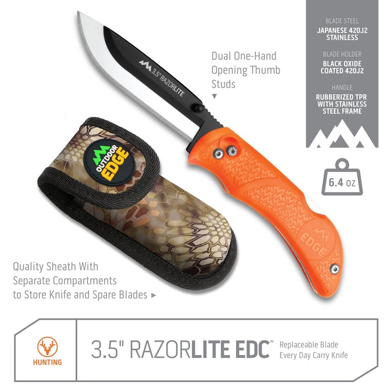 OUTDOOR EDGE Razor-Lite Folding Hunting Knife – 3.5″ Replaceable Razor Blades, Non-Slip Rubber Handle, Lock-Back Safety, Includes 6 Blades and Nylon Sheath