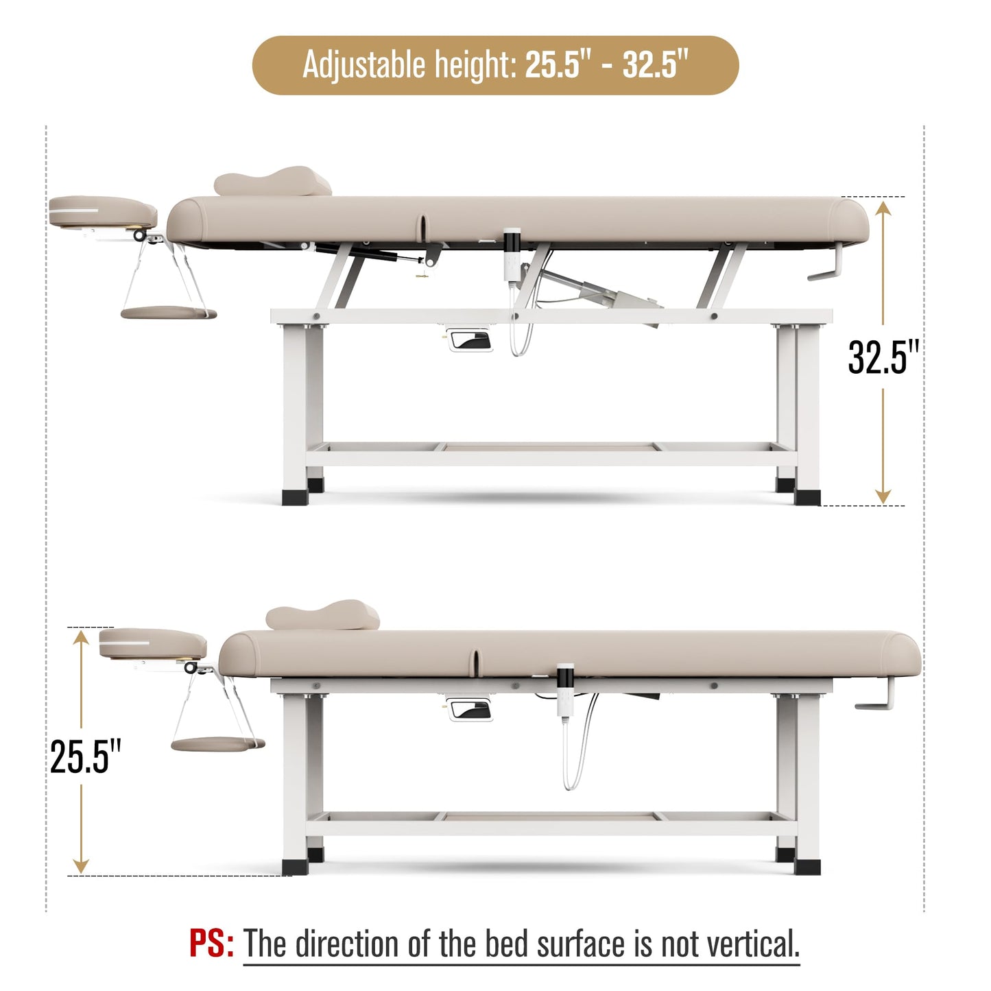 pouseayar Heavy Duty Electric Stationary Massage Table with Heating Function, Backrest Adjustable and Storage Space for Treatment/Medical Spa/Facial/Beauty/Massage Bed - 30 x 75 - Beige Gray