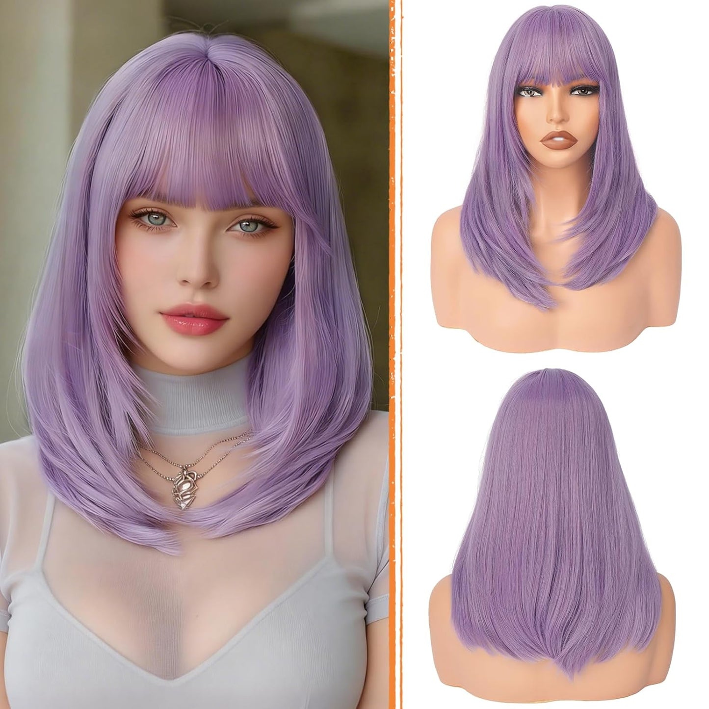 Blonde Bob Wigs with Bangs - Shoulder Length Straight Synthetic Hair | 16 Inch Platinum Blonde