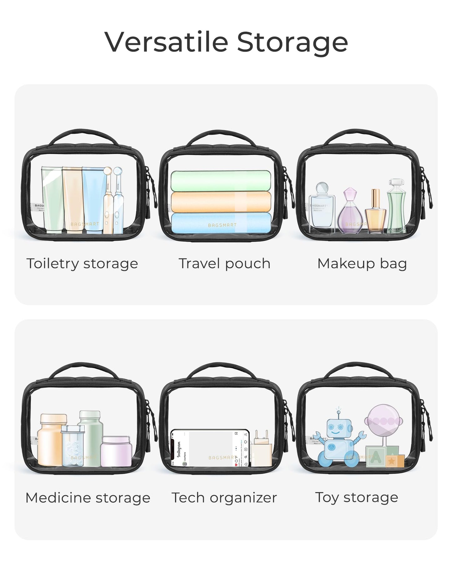 BAGSMART Puffy Clear Toiletry Bag, TSA-Approved & Wide-Open, 1-Pack, Black