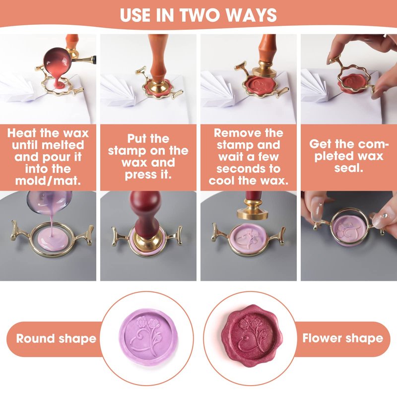 Yelsky Wax Seal Kit with 1 Inch Wax Stamp - 2 Metal Seal Molds with Round Flower Shape, Silicone Mat for Wedding Invitations, Gift Wrapping, Envelopes, Cards & Wine Packaging