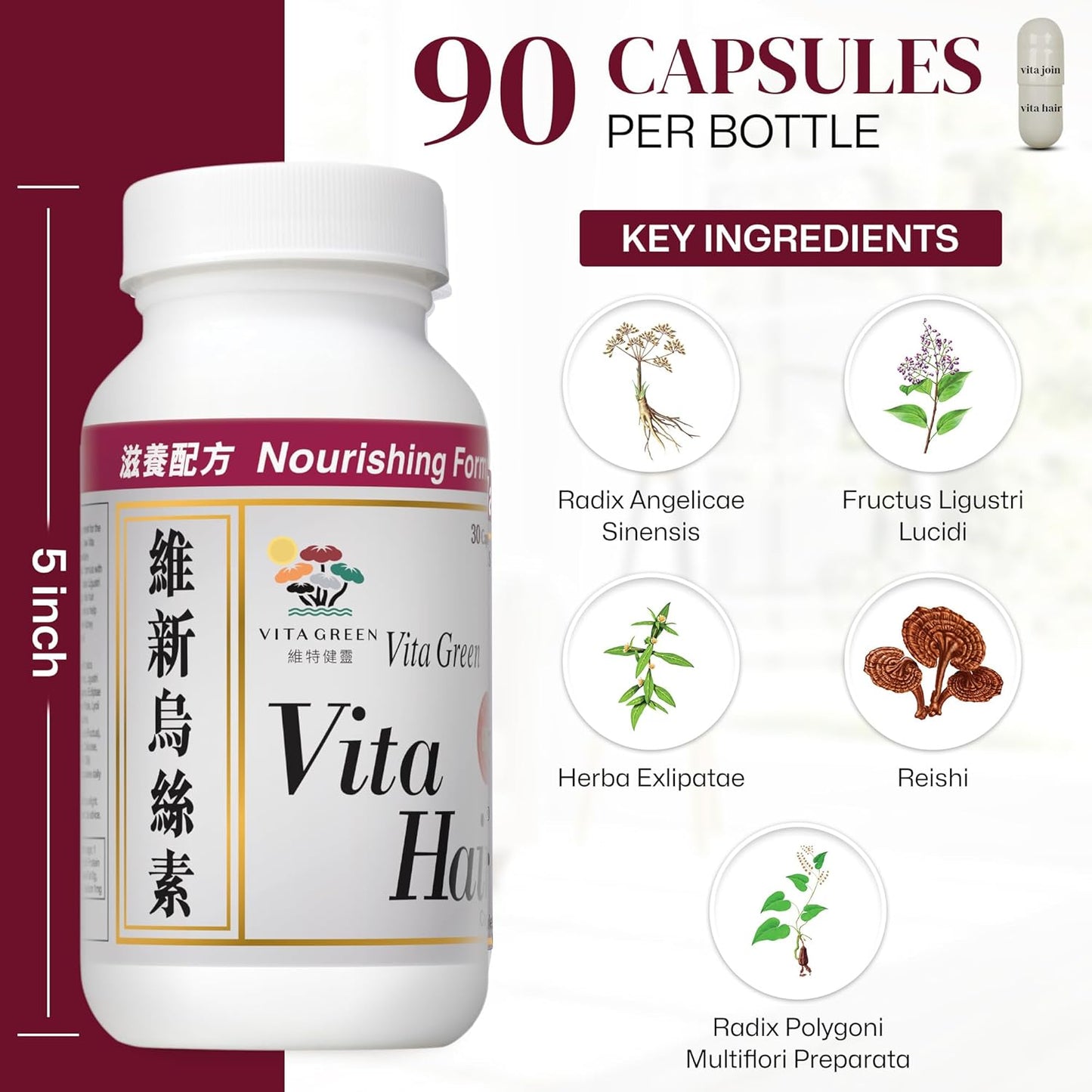 Vita Green Hair Growth Supplement - Herbal Formula for Thinning & Graying Hair | 90 Capsules for Fuller, Healthier Locks