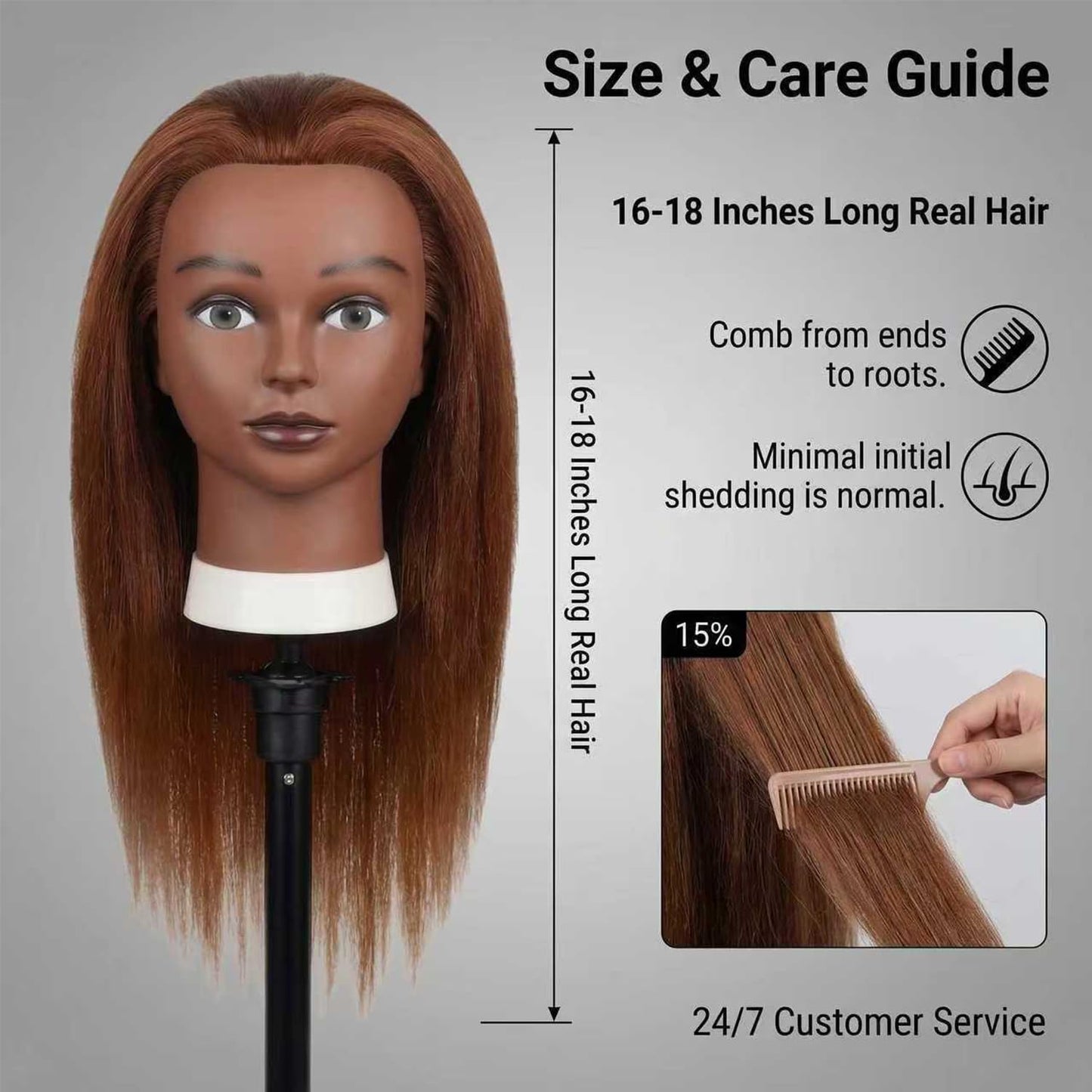 100% Human Hair Mannequin Head - 16 Inch Braiding Practice Doll with Clamp Stand | Brown