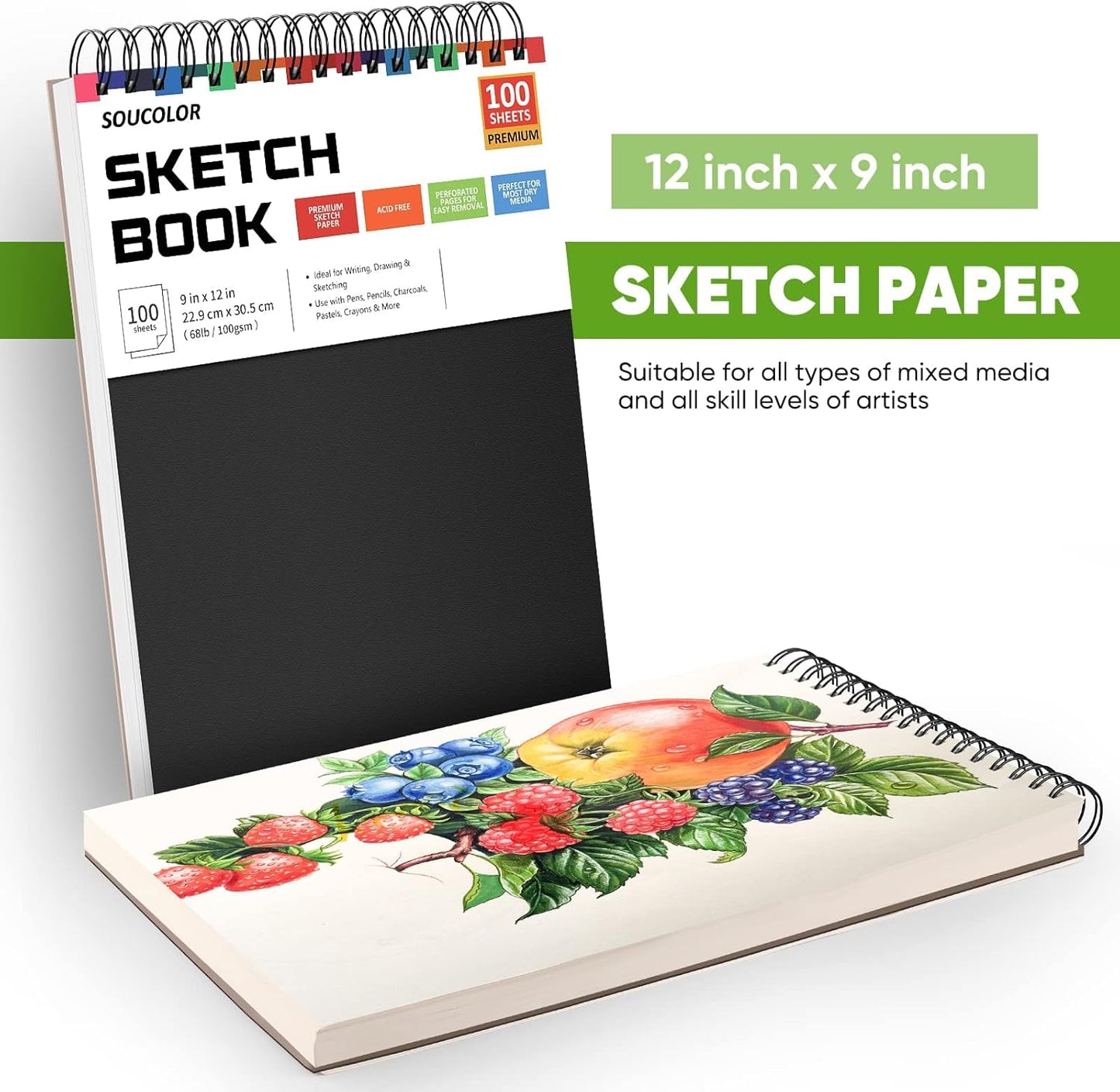 Soucolor Sketch Book - 9" x 12" Top Spiral Bound, 100 Sheets Acid-Free Drawing Paper | Ideal for Kids, Adults & Artists