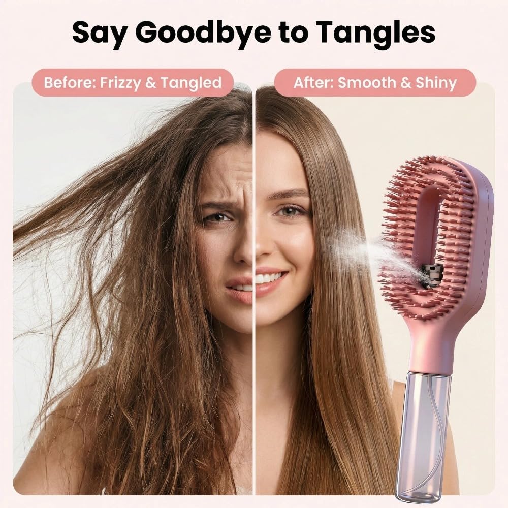 2-in-1 Detangling Brush with Built-In Mist & Wet & Dry, Liquid Spraying Hair Brush | spray brush for hair, Frizz-Free Hair - Quick Refresh for Women & Girls On-The-Go (Pink)