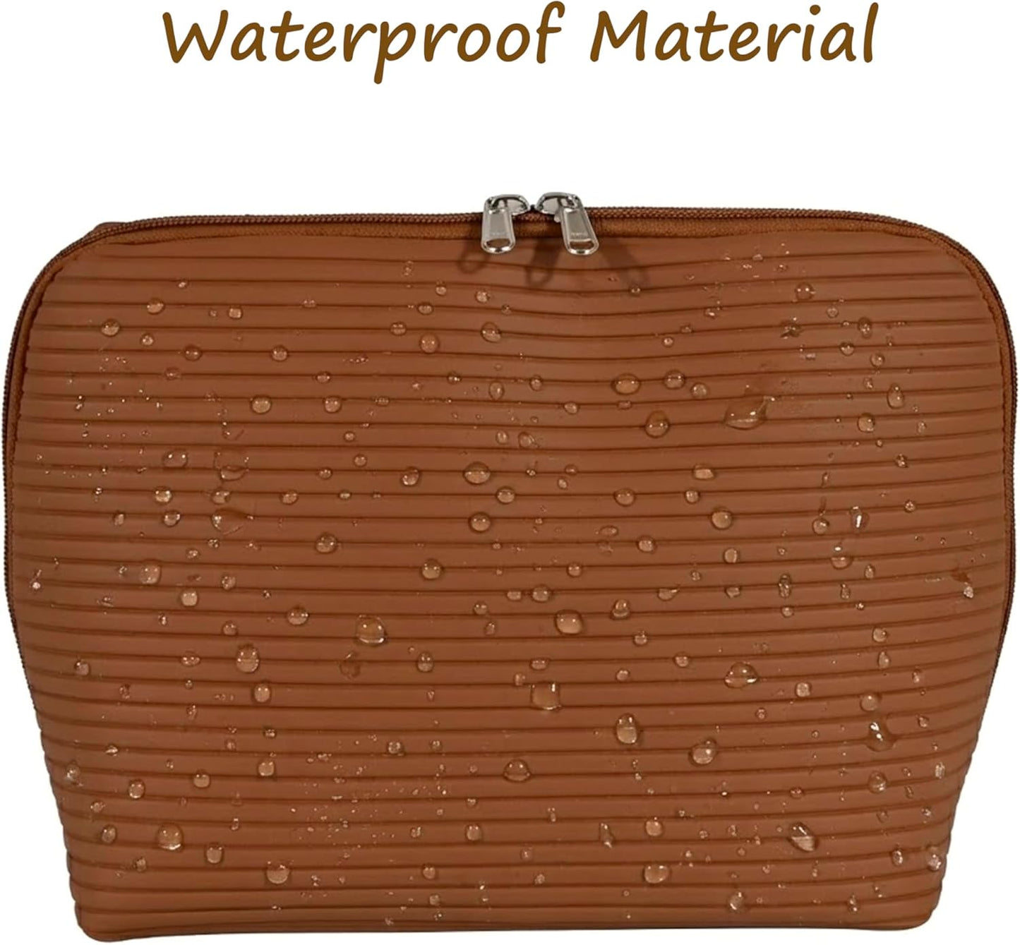Travel Makeup Bag - Waterproof Stand-Up Cosmetic Organizer with Brush Holders | Large Brown Design for Skincare & Toiletries