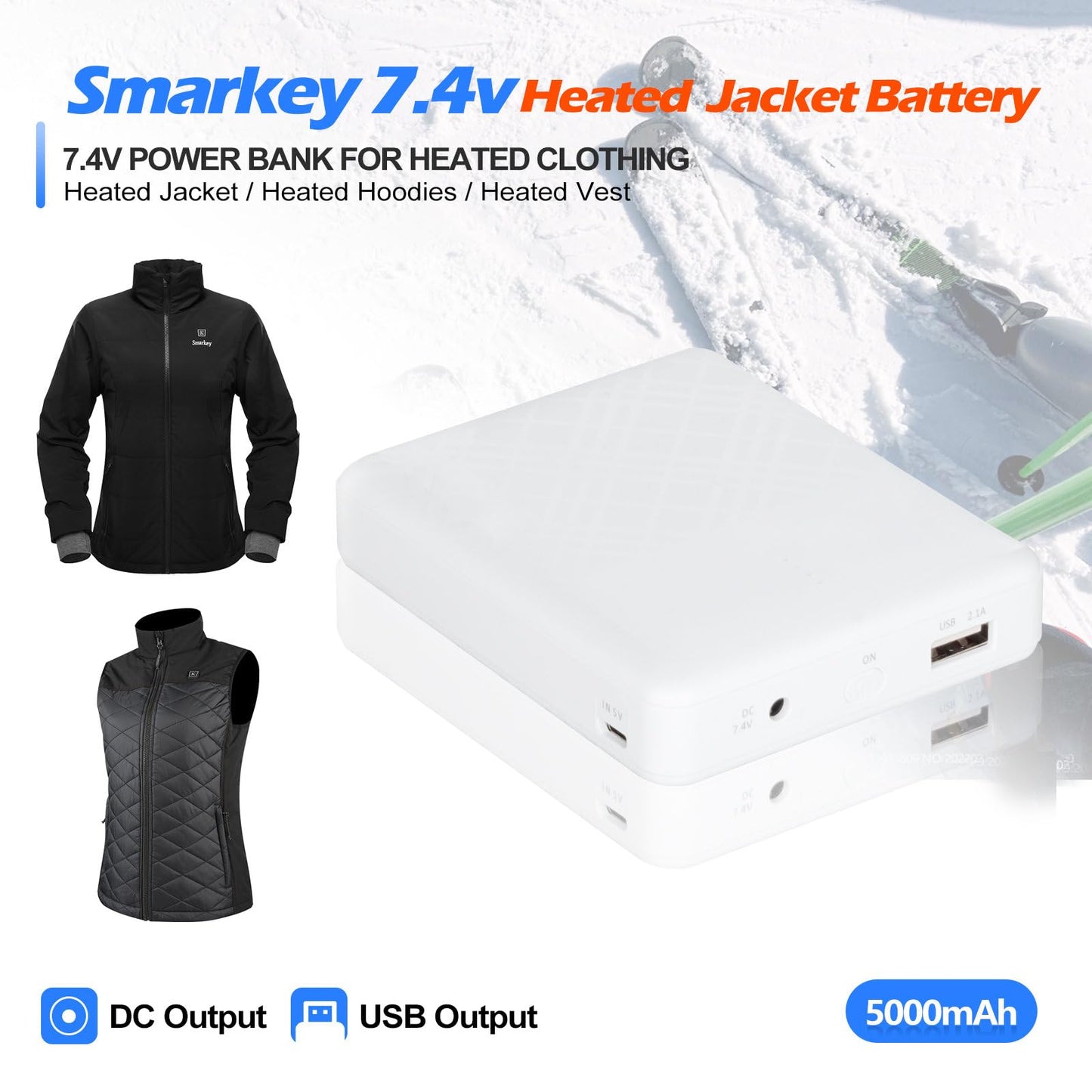Smarkey 7.4v 5000mAh Heated Jacket Battery with Charger Cable Replacement Backup Pack for Hoodies, Vests, Down Coat