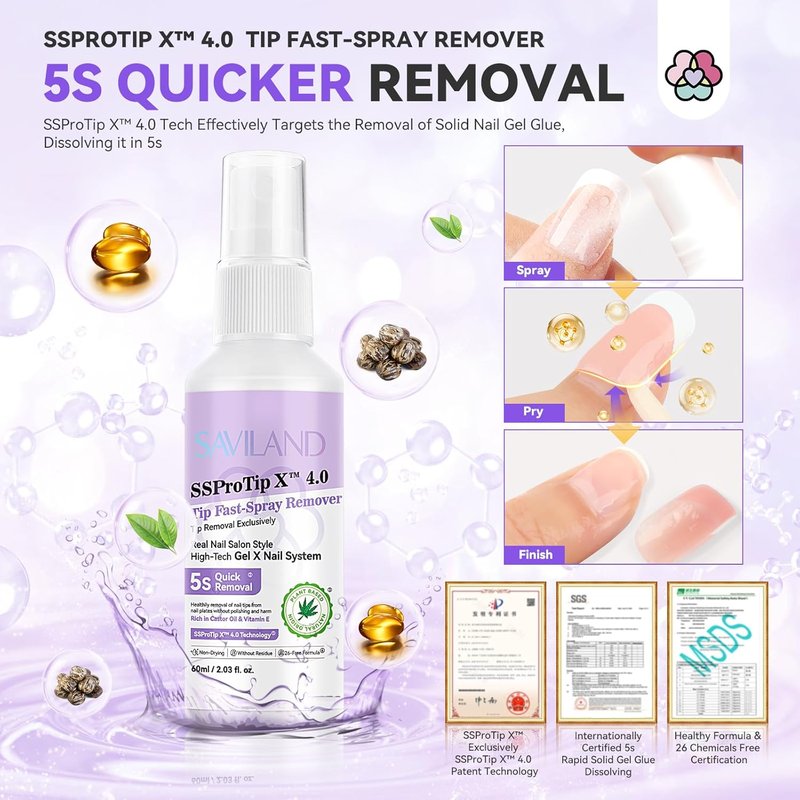 SAVILAND Nail Glue Remover Spray - 60ml Odorless Acetone-Free Formula | Quick Gel Nail Removal