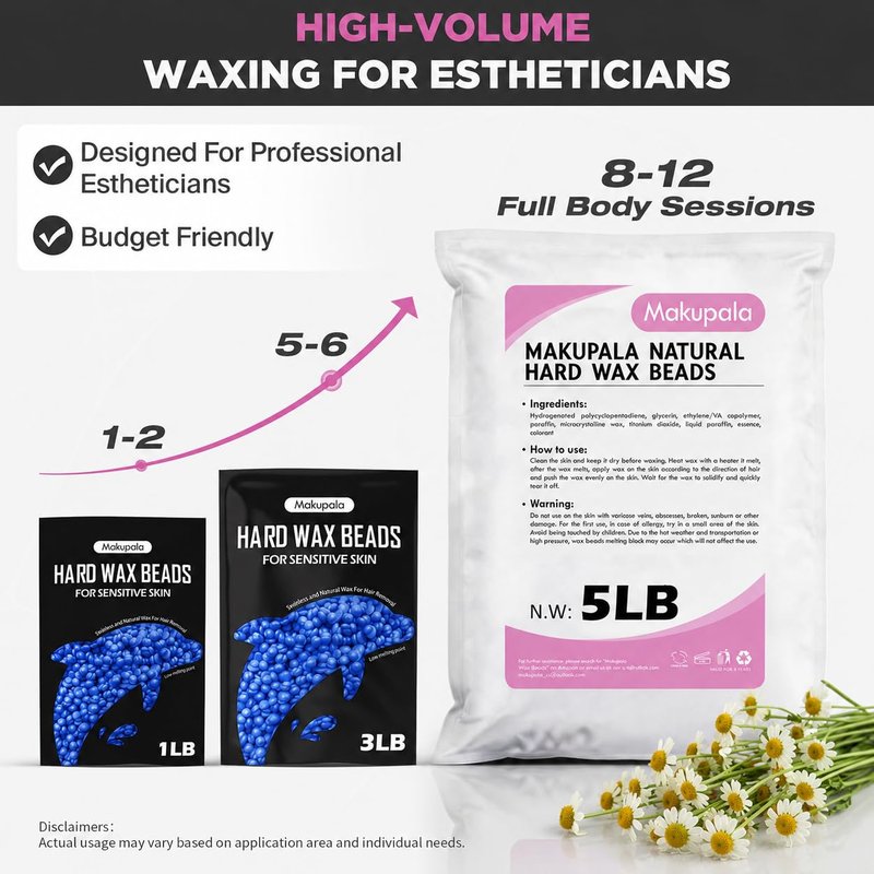 Makupala 1lb Hard Wax Beads, Unscented Waxing Beads for Sensitive Skin Hair Removal, Low Melting Point Wax Beans for Full Body, Bikini, Underarm, Facial, Brazilian Waxing at Home Women Men