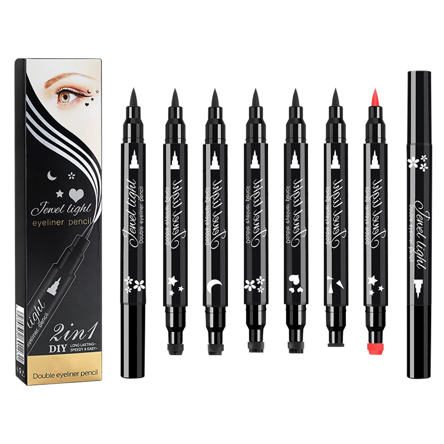 Eyeliner Stamp Set - 6 Double-Ended Winged Pens with Heart, Star, Plum, Triangle & Moon Shapes | Waterproof Liquid Eyeliner for Festival & Cosplay Makeup