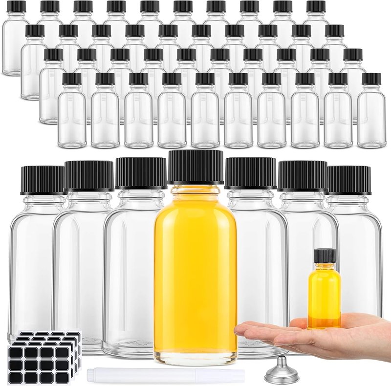 Clear Boston Round Glass Bottles - 1 oz with Black Caps & Funnel | 48 Pcs for Essential Oils & Extracts