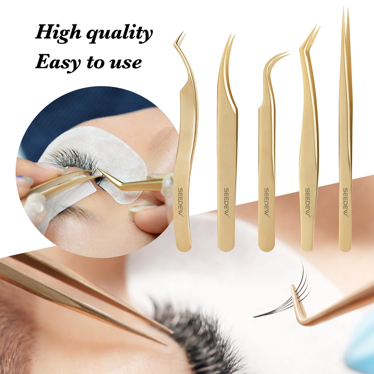SEEDEW Tweezer Eyelash Extensions 1 PCS Stainless Steel Straight Pointy Tweezer Isolation Professional Precision Supplies False Lash Application Tools for Lash Tech, Lash Artist Beginner(Golden)
