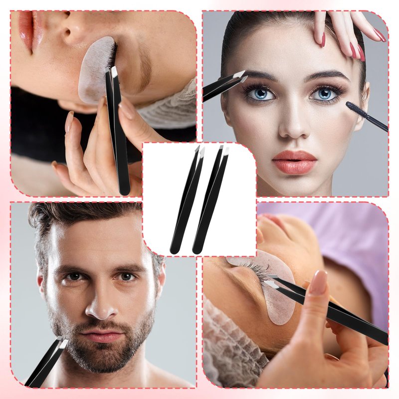 12 Pcs Tweezers Bulk, Stainless Steel Eyebrow Tweezers Slanted Tip Precision Tweezer for Facial Hair Ingrown Hair Blackhead Splinter Removal and Lash Extension for Men Women (Black)