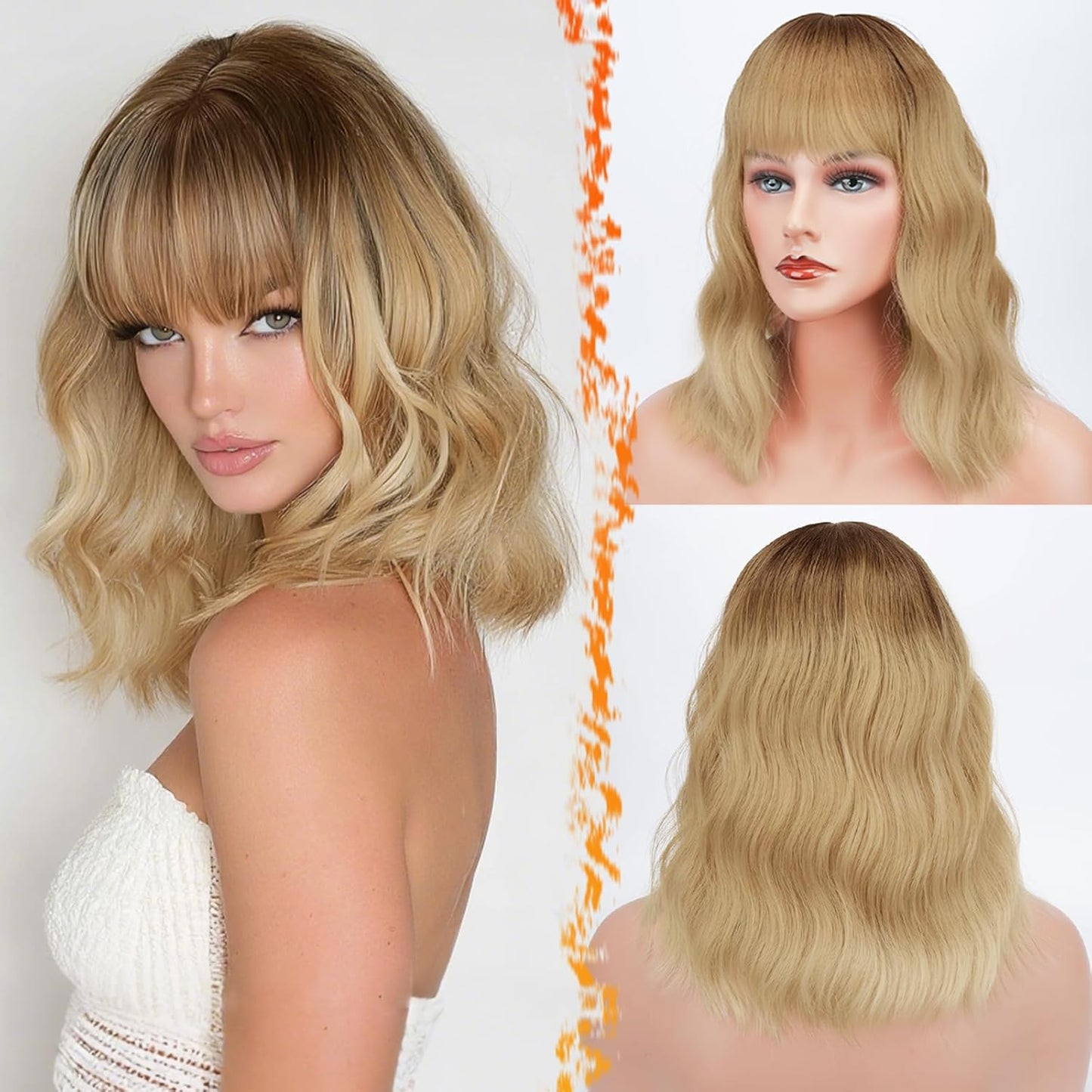 Long Wavy Blonde Curtain Bangs Wig - 26" Synthetic Ombre Wig with Dark Roots | Soft Natural Look